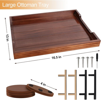 SXNOWS Coffee Table Trays - Large Ottoman Tray for Living Room -Wood Serving Tray with 2 Sets of Handles - Wooden Tray for Coffee Table, 4 Round Coasters Included, Black