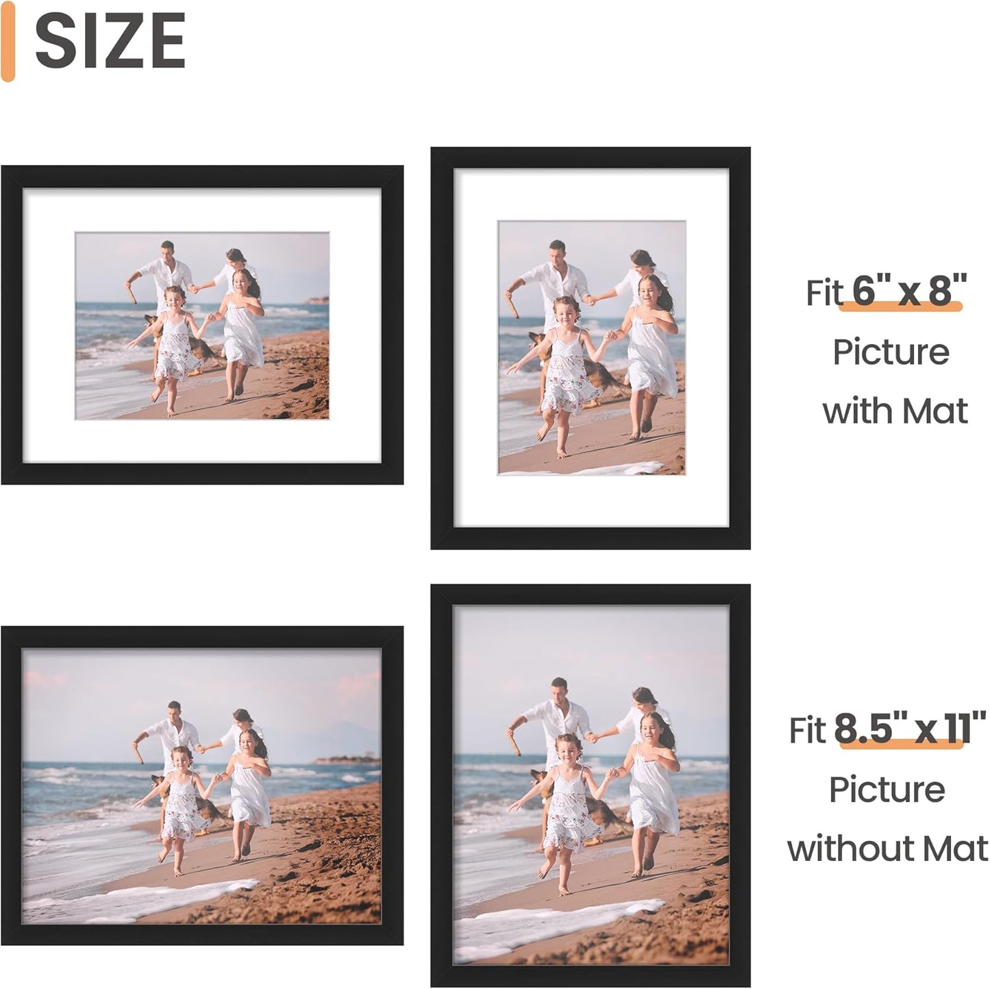 upsimples 11x14 Picture Frame Set of 5, Display Pictures 8x10 with Mat or 11x14 Without Mat, Wall Gallery Photo Frames, Black