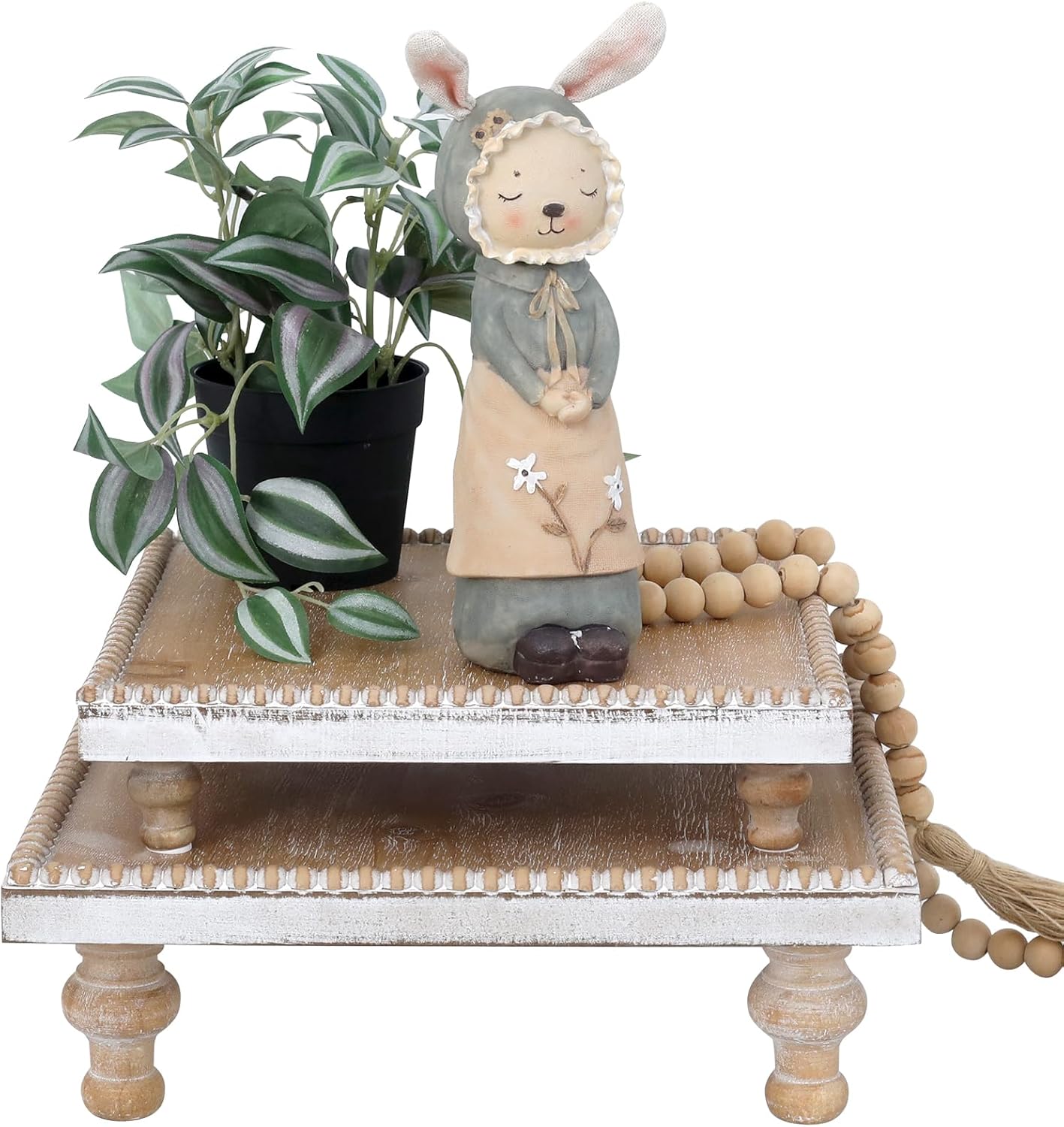 SwallowLiving Rustic Round Wood Tray Riser Farmhouse Pedestal Stand With Beaded Edge for Decor Wooden Finish Cupcake Display for Cakes and Decorative Items 11.8 inches