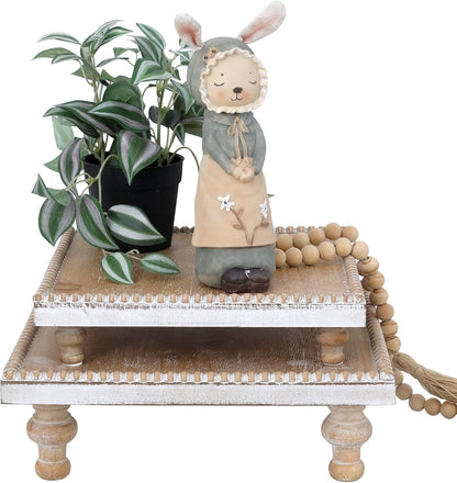 SwallowLiving Rustic Round Wood Tray Riser Farmhouse Pedestal Stand With Beaded Edge for Decor Wooden Finish Cupcake Display for Cakes and Decorative Items 11.8 inches