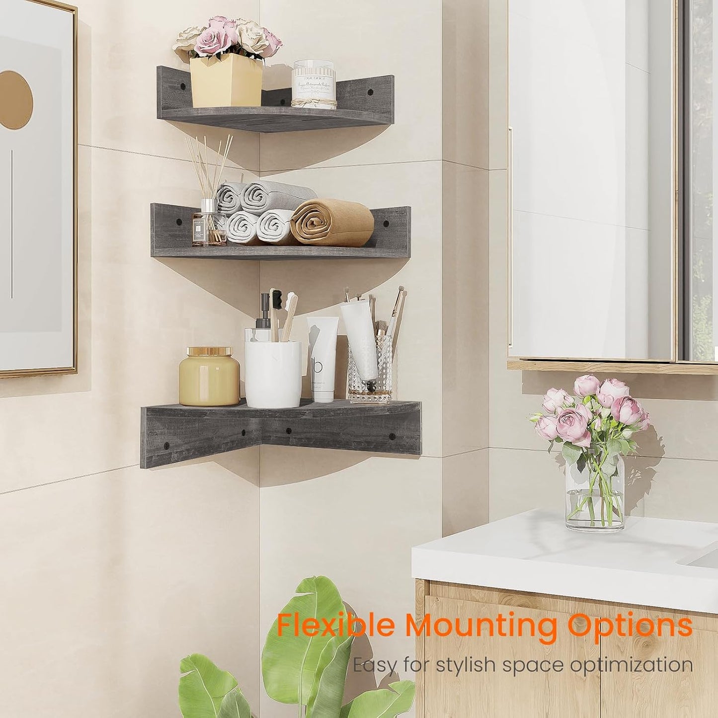Homode Corner Shelf Wall Mount, Set of 3 Floating Corner Shelves with Cord Hole, 3 Tier Wood Wall Display Shelf, Storage for Bathroom Living Room Kitchen Bedroom, Rustic Brown and Black
