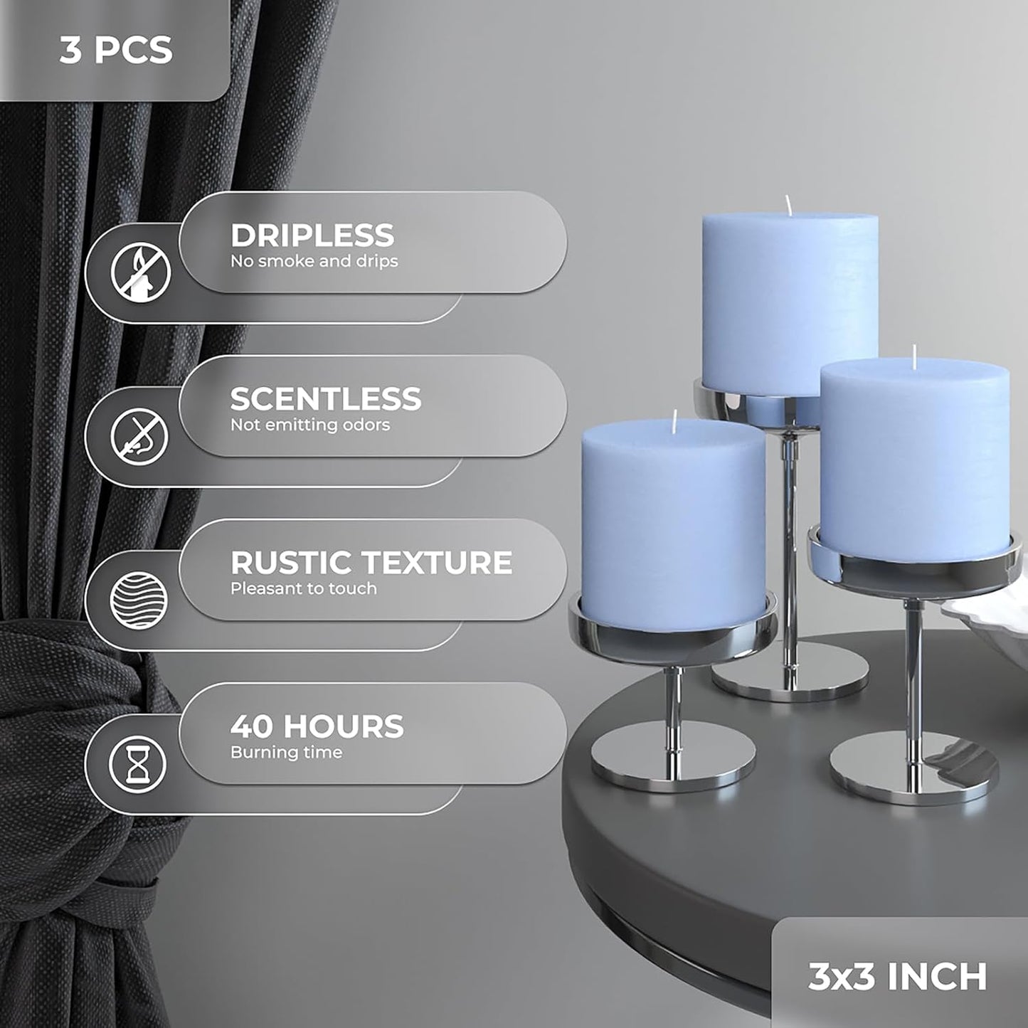 CANDWAX 3x4 inch Pillar Candles Set of 3 – Unscented Dripless Rustic Dark Blue Candles for Room Decor, Weddings, Centerpieces