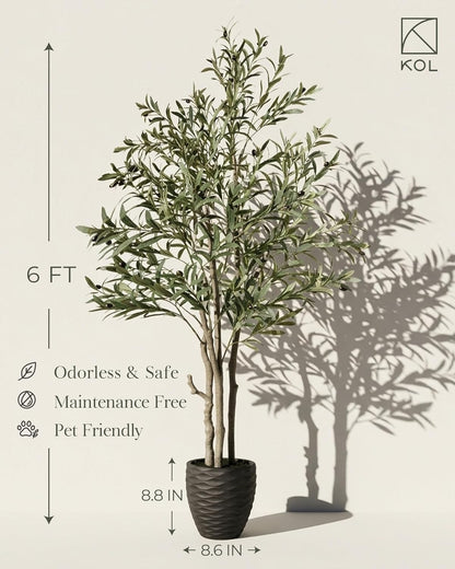 KOL 5.2ft Artificial Olive Tree Indoor, Tall Faux Olive Trees, Fake Olive Tree Floor Plant for Home Office Living Room Decor with Matte Black Pot