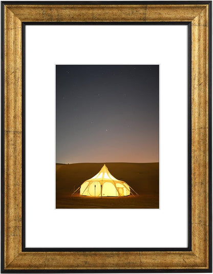 Golden State Art, 11x14 Photo Frame with Mat for Pictures 8x10 and Real Glass (Dark Gold Brown & Bronze Pewter Panel with White Color Mat, 1.25 Inch Frame Border)