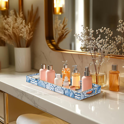MAONAME White Decorative Tray, Plastic Serving Tray with Handles, Rectangular Moroccan Trays, Long Narrow Trays for Bathroom, Kitchen Counter, 13.8" X 6" X 1.57"