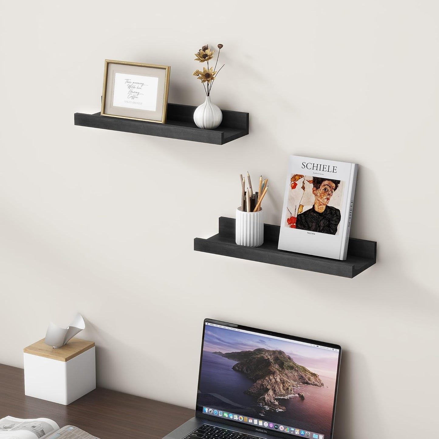 FLYJOE Picture Ledge Shelf, Floating Shelves Set of 2, Solid Pine Wood 55'' Long Large Nursery Book Shelves for Toys Storage, Kids Bookshelf for Living Room Bedroom Decor Books Photo Frames, Walnut