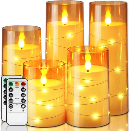 Homemory Flameless Candles with Embedded Star String Fairy Lights, Battery Operated Candles, LED Candle, Fake Candles with Remote Control and Timer for Halloween, Gray Acrylic, Set of 5(H4"5"6"8"8")