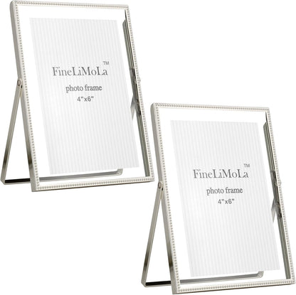 Gold 6x8'' Floating Photo Frame 2 Pack, Beaded Metal Frame Fits 3.5x5'', 4x6'' & 5x7'' Pictures, Adjustable Tabletop & Shelf Display, Elegant Wedding Gift for Home Decor