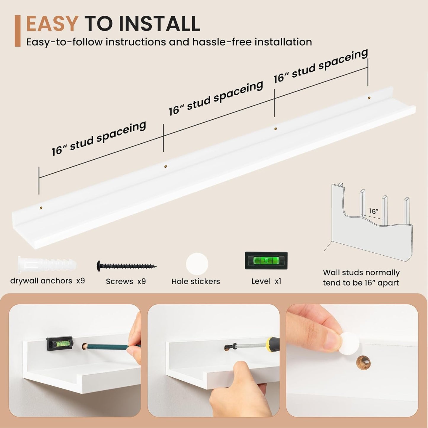 Dreamland Picture Ledge Shelf for Wall, Floating Shelves Set of 2, 48 Inch Long Floating Shelves with Lip for Living Room, Bedroom, Bathroom, Kitchen, White