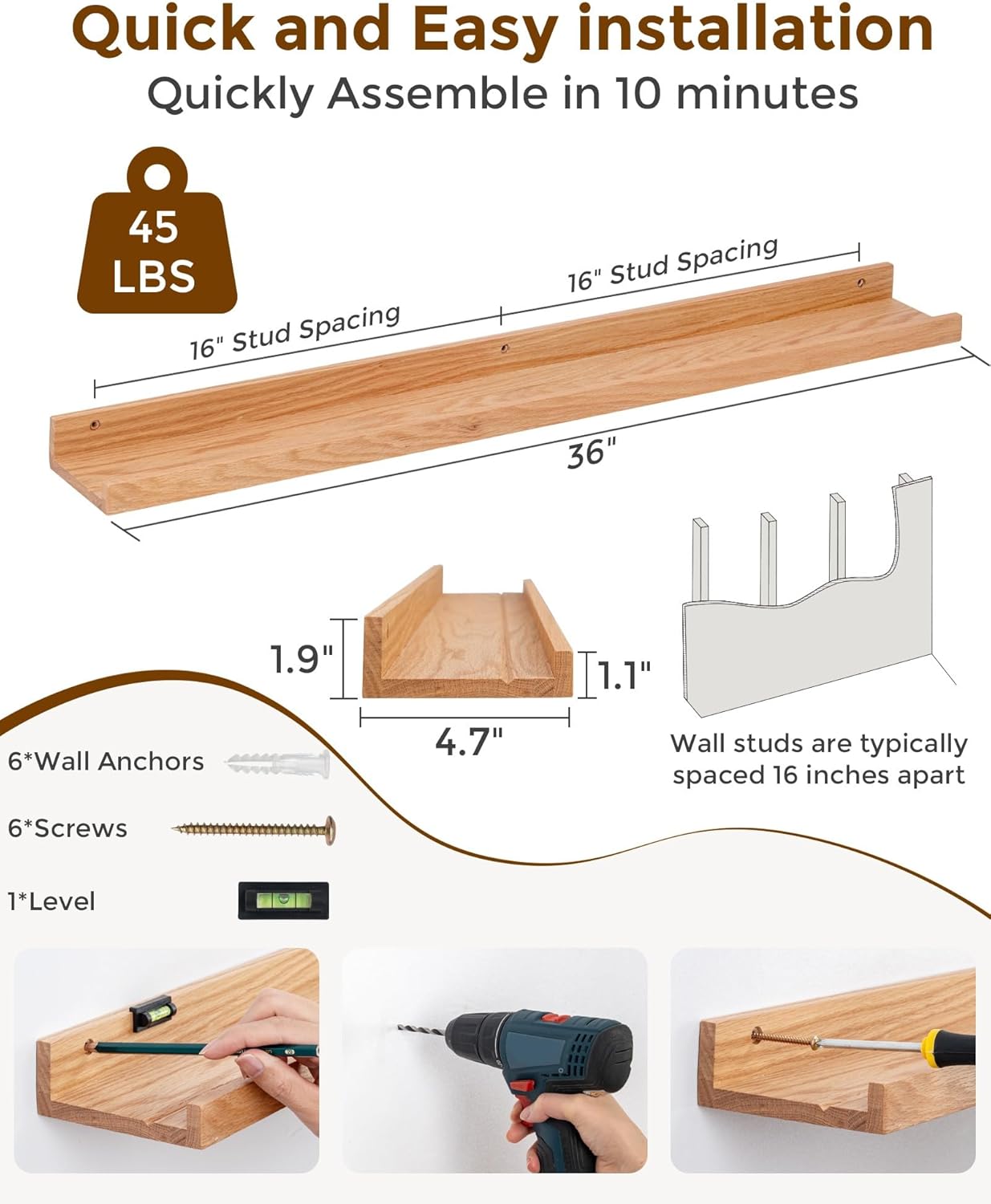 Axeman Oak Picture Ledge Shelf, 48 Inch Floating Shelves Set of 2, Solid Oak Wood Wall Shelves with Lip, Wall Decor Storage for Bedroom Living Room Bathroom Kitchen Nursery Photo Picture, Natural Oak