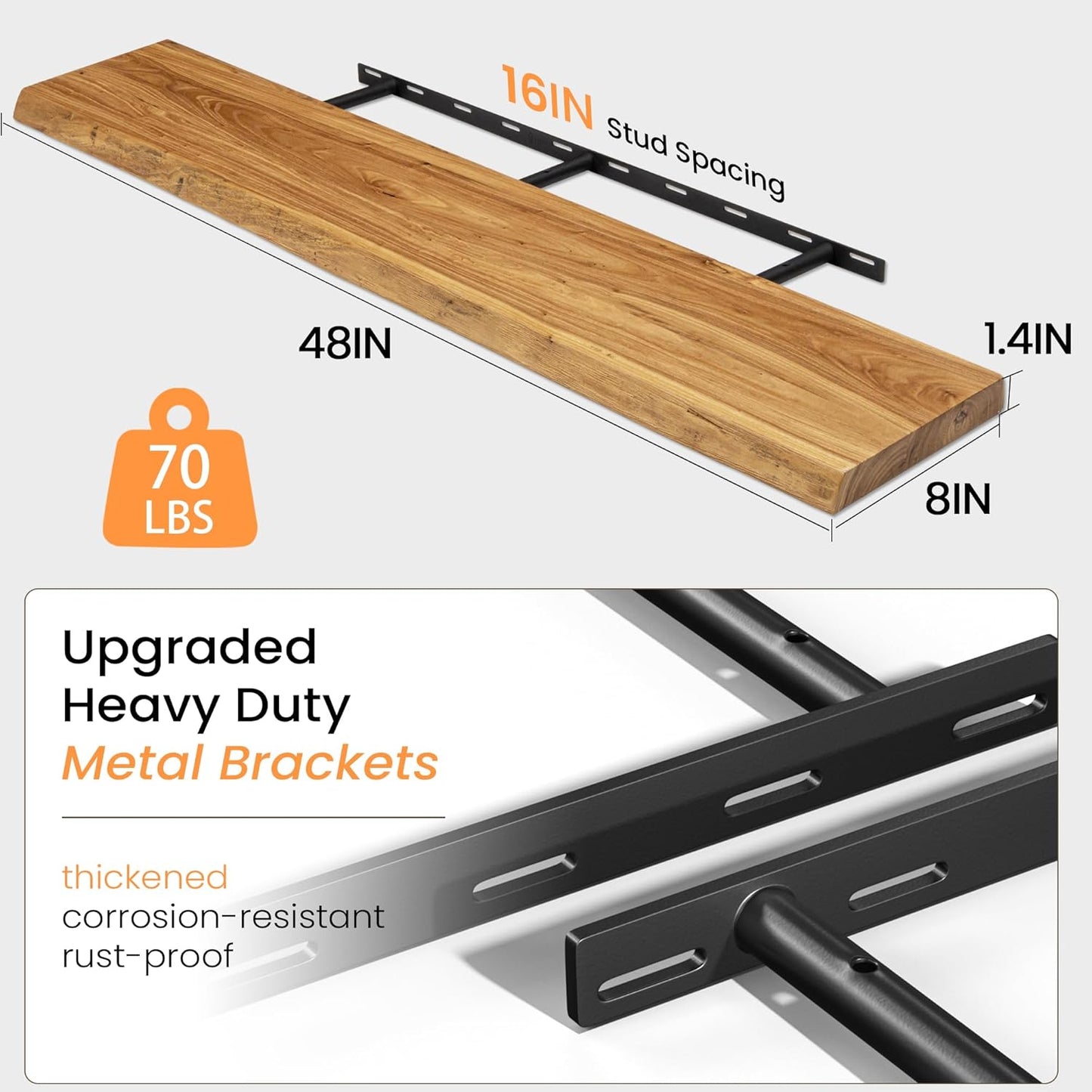 Floating Shelves 36 Inches Long - 8 Inch Deep Rustic Premium Solid Pine Wood for Storage - Farmhouse Wall Mounted for Living Room - Heavy-Duty Metal Bracket - 36" W x 8" D - Set of 2 - White Color