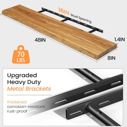 Floating Shelves 36 Inches Long - 8 Inch Deep Rustic Premium Solid Pine Wood for Storage - Farmhouse Wall Mounted for Living Room - Heavy-Duty Metal Bracket - 36" W x 8" D - Set of 2 - White Color