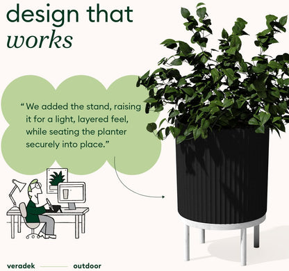 Veradek Demi Series Round Planter w/ Stand for Porch/Patio | Durable Plastic-Concrete & Wooden Stand | Modern Décor for Tall Plants, Flowers