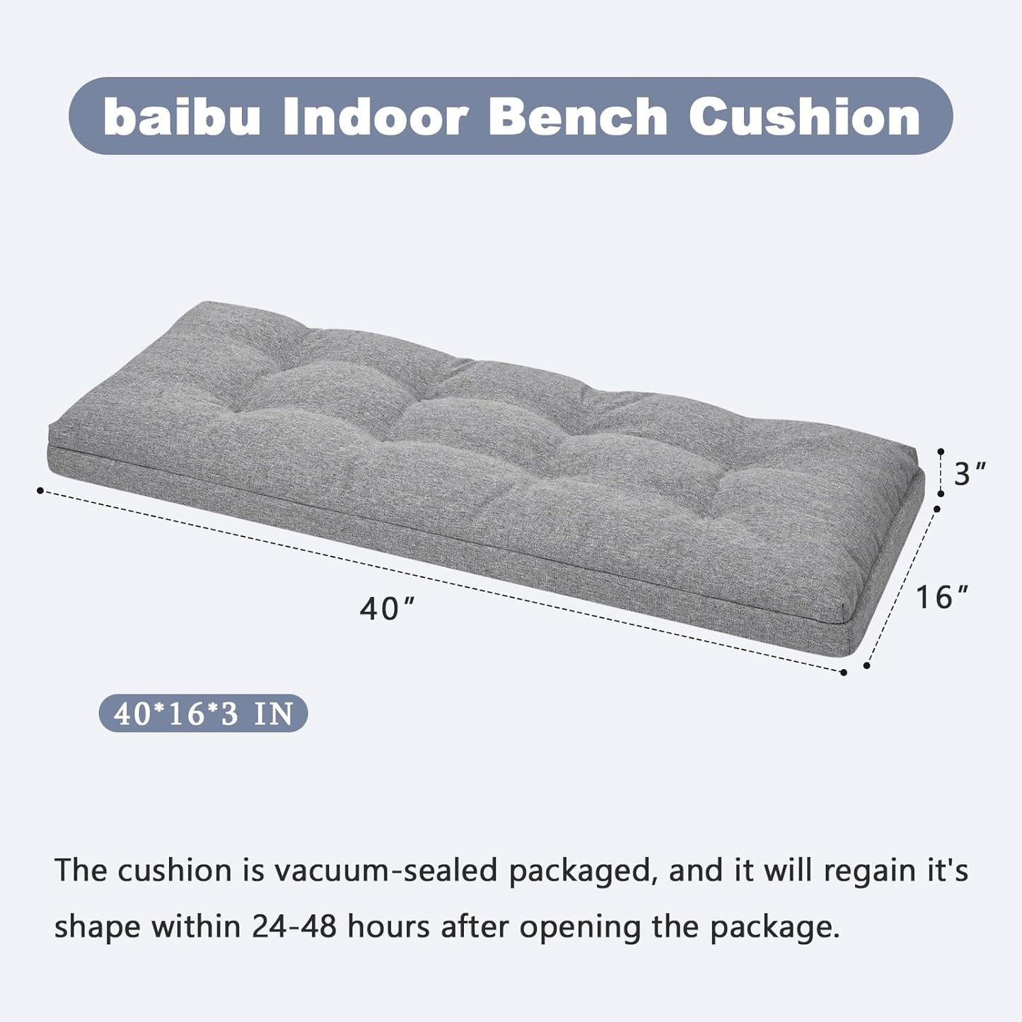 baibu 40 Inch Dual-Layer Patent Design Memory Foam Bench Cushion, Non-Slip Indoor Bench Cushion Standard Size Foam Pad with Machine Washable Cover (Dark Grey, 40x16x3in)