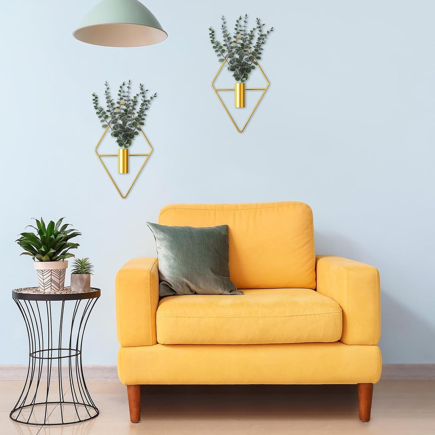 Jexine 4 Pcs Hanging Planters with Artificial Eucalyptus Metal Hanging Vase Indoor Plants Holder Modern Geometric Boho Bathroom Wall Decor for Living Room Home Office(Black)