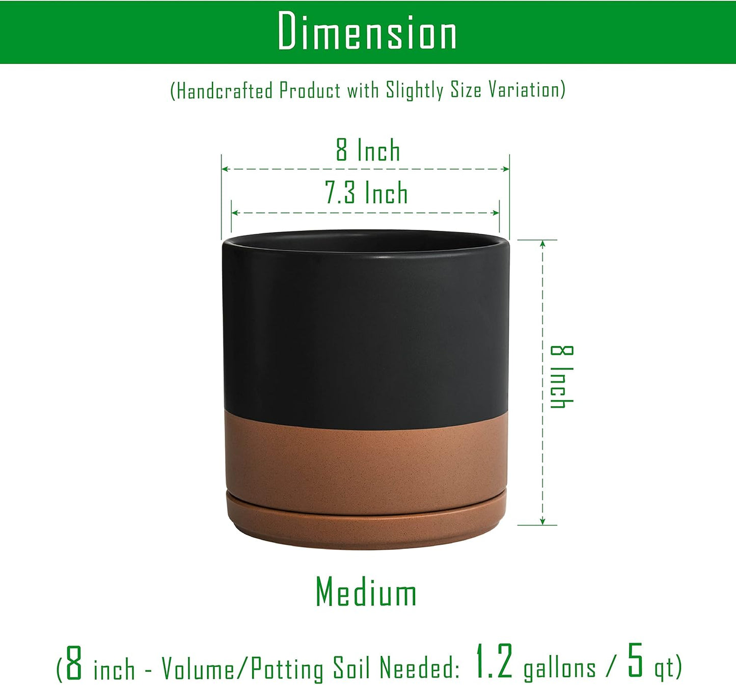 D'vine Dev 6.5 Inch Ceramic Planter Pot with Drainage Hole and Saucer, Indoor Cylinder Round Planter Pot, Olive, 94-O-C-J