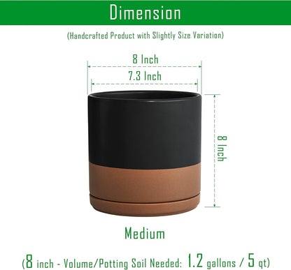 D'vine Dev 6.5 Inch Ceramic Planter Pot with Drainage Hole and Saucer, Indoor Cylinder Round Planter Pot, Olive, 94-O-C-J