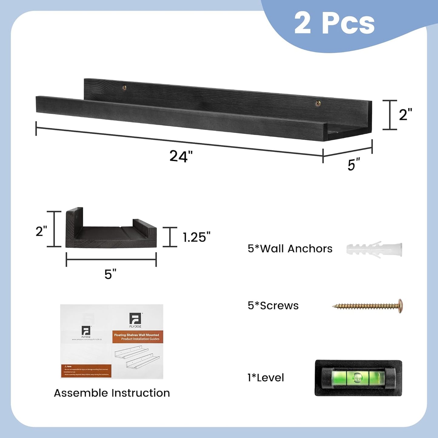FLYJOE Picture Ledge Shelf, Floating Shelves Set of 2, Solid Pine Wood 55'' Long Large Nursery Book Shelves for Toys Storage, Kids Bookshelf for Living Room Bedroom Decor Books Photo Frames, Walnut