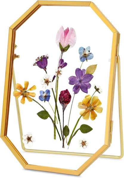 REDHUGO Glass Pressed Flower Frame Handmade, Metal Floating Picture Frame, Double Glass for Tabletop Display, Unique Brass Octagon, Gold, 5x7 Inches (Frame Only)