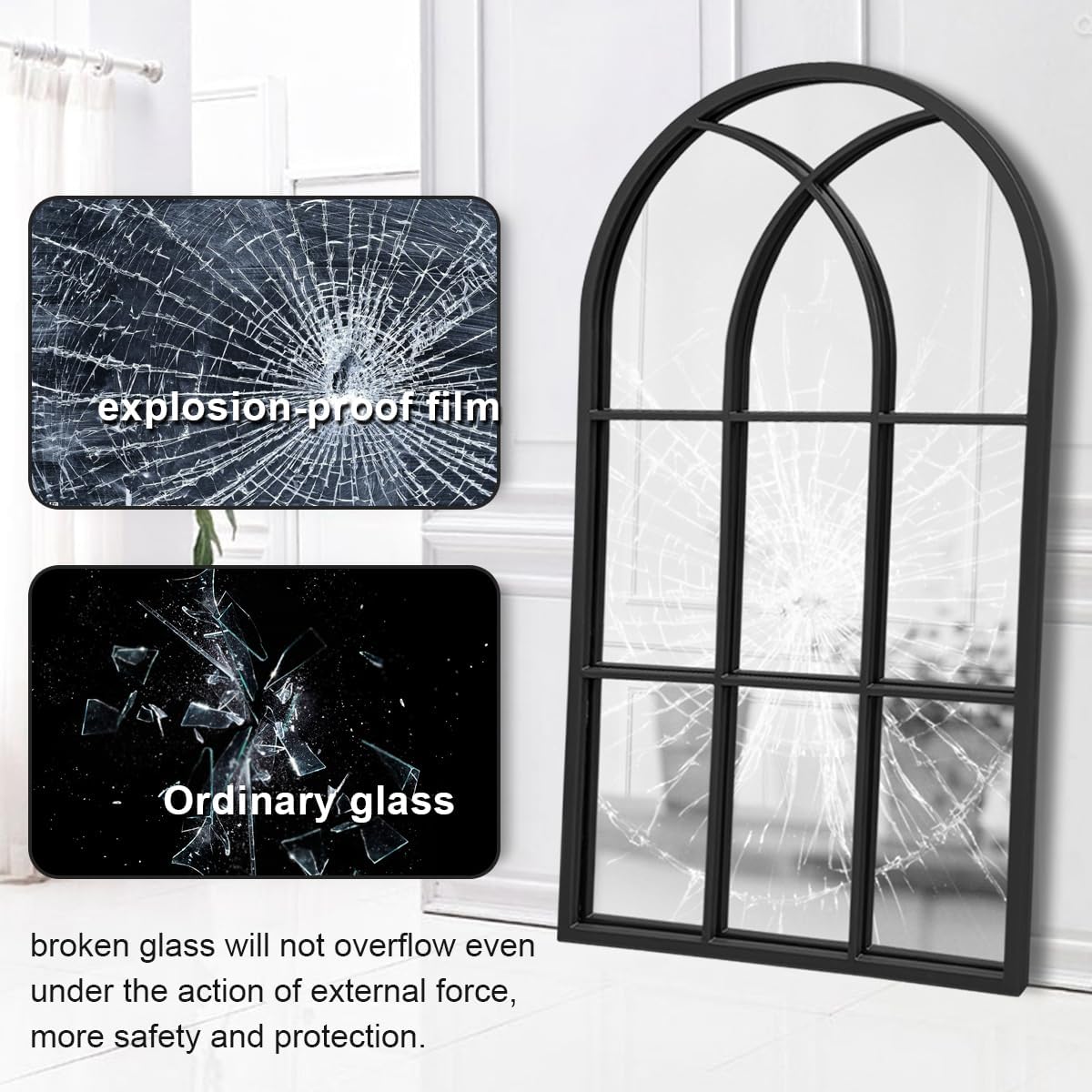 Dewfig 65"x 22" Arched Window pane Full Length Mirror, Wall Mirror, Floor Standing Mirrors, Farmhouse Long Full Body Mirrors Wall Mounted for Living Room, Bedroom, Entryway, Fireplace, Black