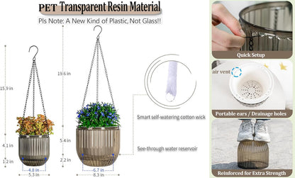 Melphoe 2 Pack Self Watering Hanging Planters Indoor Flower Pots, 6.5 Inch Outdoor Hanging Basket, Plant Hanger with 3Hooks Drainage Holes for Garden Home (Emerald)