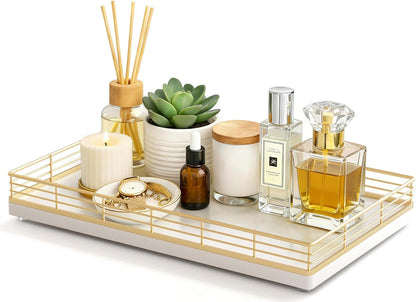 Bathroom Vanity Tray for Countertop, 12" x 6" Acacia Wood Toilet Tank Tray with Metal Guardrail, Bathroom Organizer for Soap, Perfume & Skincare, Non-Slip Decorative Tray for Dresser, Black & Acacia