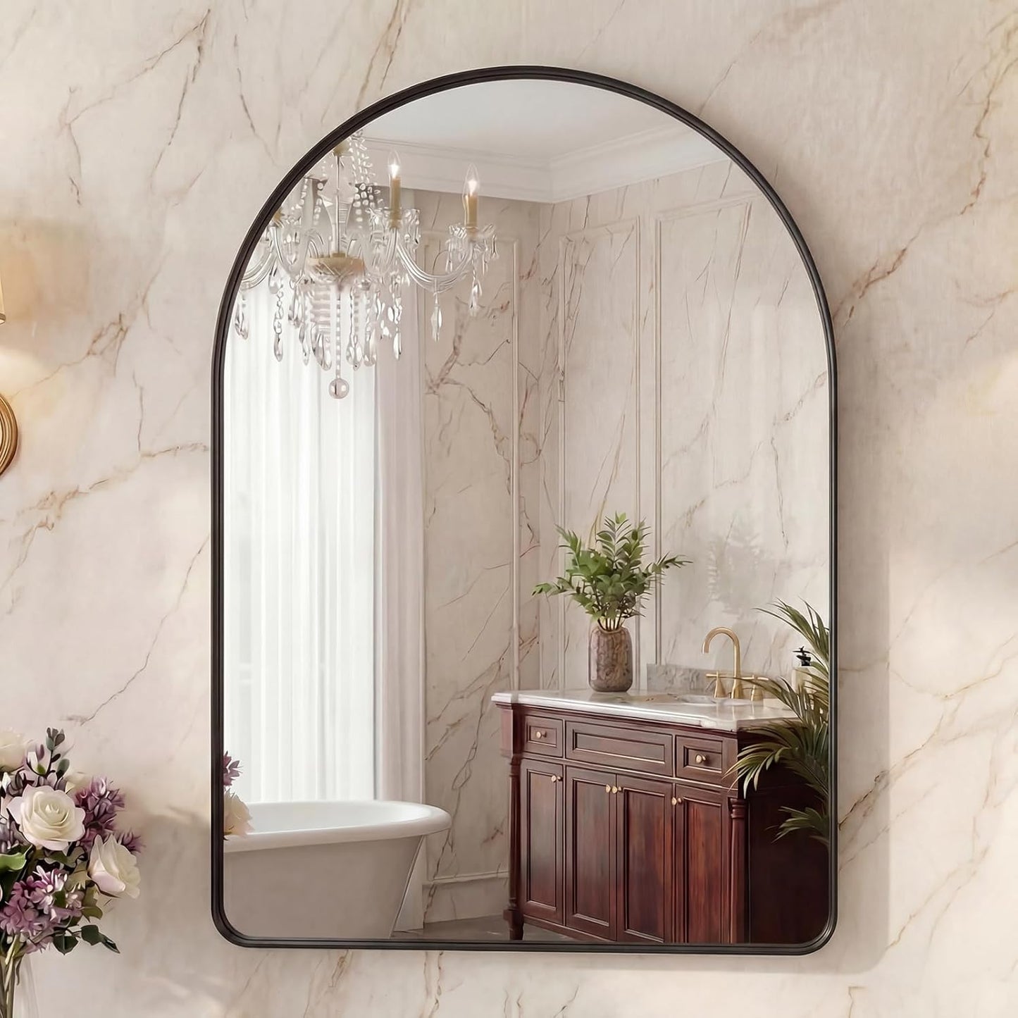 OLIXIS Arched Bathroom Mirror for Over Sink, 34x32 Inch Wall Mirror Arched Rounded Rectangle, Modern Wall Mount Vanity Mirror with Matte Metal Deep Framed, for Home Decor, Living Room, Black
