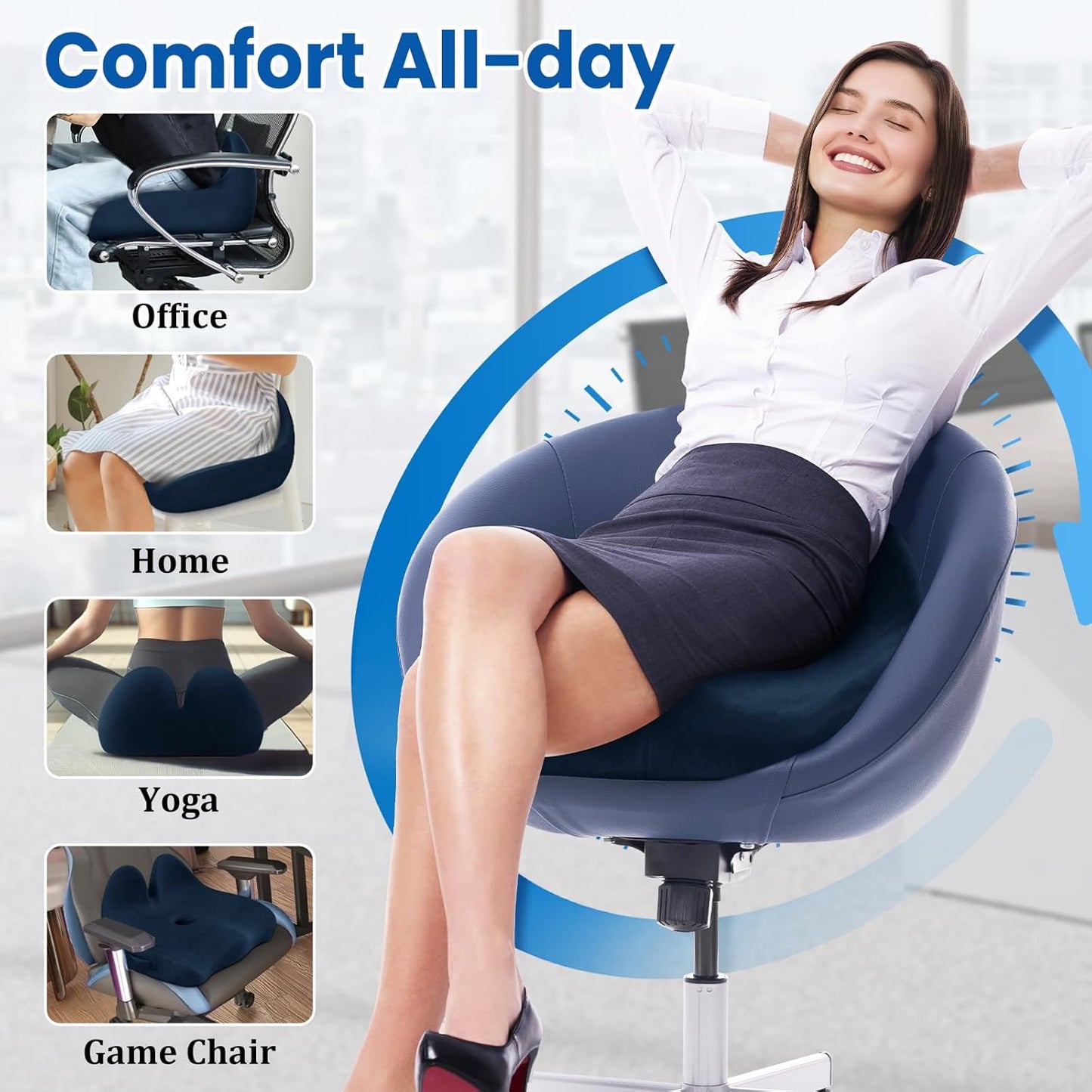 CushZone Seat Cushion, Ergonomic Memory Foam Seat Cushions for Office Chairs, Car, Long Trip, Desk Chair, Lab, Extra Large Size for Sciatica & Hip & Tailbone Pain Relief, Sciatica Support (Black)