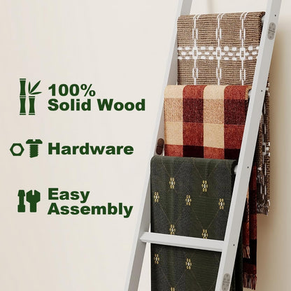 Blanket Ladder Towel Racks For Bathroom 5 Layers Towel Holder 100% Bamboo Wood Sturdy Construction No Need Wall Drilling Quilt Scarf Storage Solution Decorative Leaning Shelf for Living Room (White)