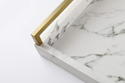 Ivory Shagreen Leather Serving Tray with Gold Handles-17.7x11.8 Inch Large Wooden Decorative Ottoman Tray fro Coffee Table, Kitchen, Dining, and Home Decor (Ivory)
