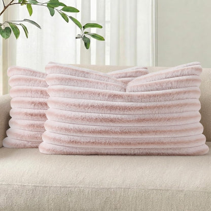 Pallene Faux Fur Plush Throw Pillow Covers 18x18 Set of 2, Luxury Soft Fluffy Striped Decorative Pillow Covers for Sofa, Couch, Living Room, Cream White