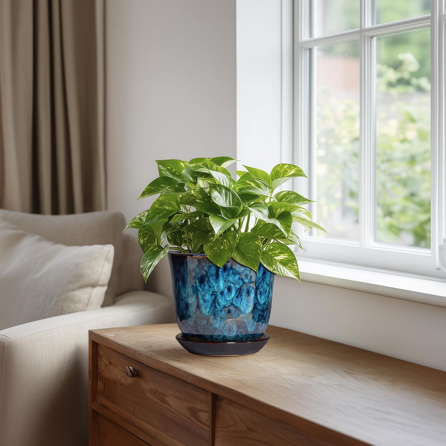 Ceramic Plant Pots - 12 Inch Pots for Plants Indoor Outdoor, Large Round Planter with Drainage Hole and Saucer, Modern Decorative Flower Pot, Home Garden Decor, House Warming Gifts, Blue