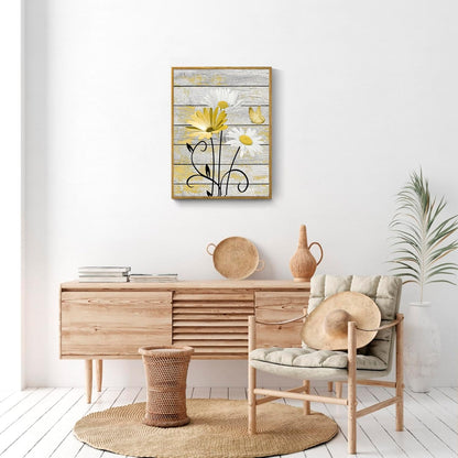 HVEST Farmhouse Floral Wall Art for Living Room, Blue and White Daisy Flower and Butterfly on Rustic Wood Board Canvas Wall Art Framed Artwork Ready to Hang for Bathroom Bedroom Decor, 16L X 12W