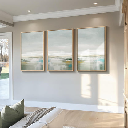 Large Framed Abstract Nature Landscape Wall Art for Living Room, Set of 3 Modern Canvas Prints Paintings Artwork for Walls, Green Lake Pictures for Hallway, Dining Room, Office Wall Decor 24x36 Inch