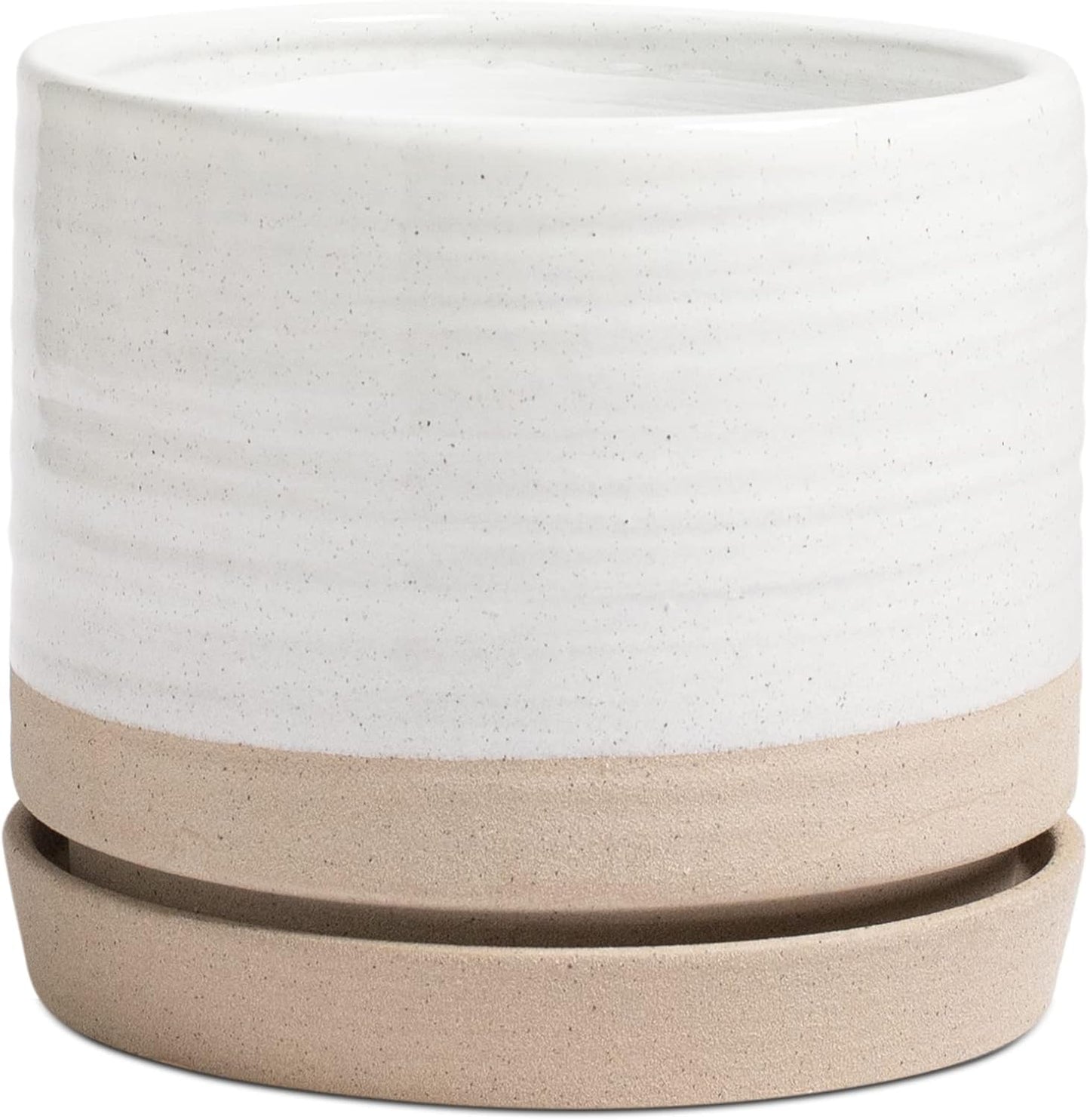 HERDUK 6 Inch Plant Pots, Ceramic Planter Pot with Drainage Hole & Saucer, Indoor/Outdoor Cylinder Round Planter Pot, Green & Beige