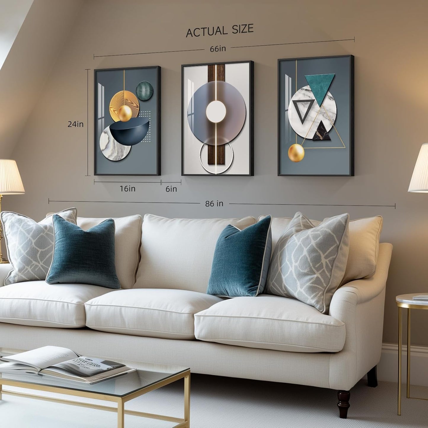 Framed Modern Luxury Gold Wall Art, Set of 3 Piece Contemporary Paintings Artwork for Walls, Golden Prints Pictures with Gold Frame, Wall Decor for Living Room, Hallway, Bedroom, Office 16x24 Inch