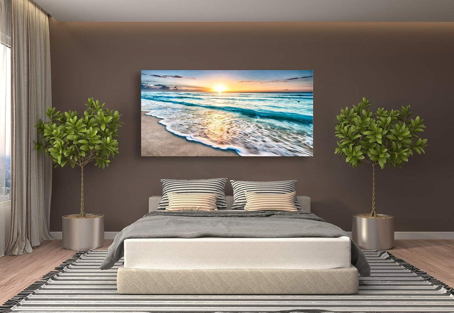 Baisuart S02250 Canvas Prints Wall Art Beach Sunset Ocean Waves Nature Pictures Stretched Canvas Wooden Framed for living Room Bedroom and Office