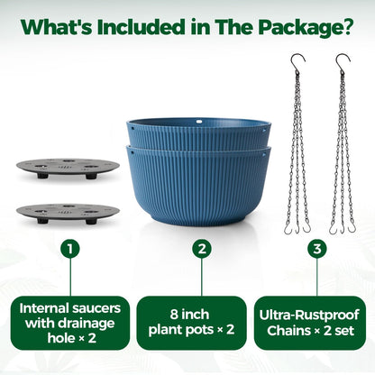T4U 10 Inch Hanging Planters for Indoor Plants, 2 Pack White Self Watering Hanging Plant Pot, Hanging Pots Set with Drainage Hole & Plug & Chain with 3 Hooks for Garden Home Decor