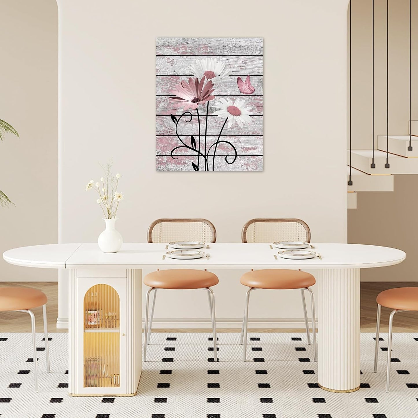 HVEST Farmhouse Floral Wall Art for Living Room, Blue and White Daisy Flower and Butterfly on Rustic Wood Board Canvas Wall Art Framed Artwork Ready to Hang for Bathroom Bedroom Decor, 16L X 12W