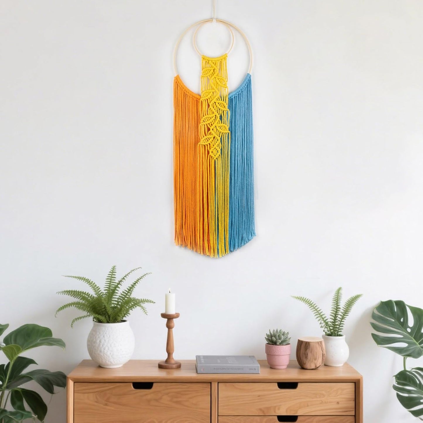 LB Boho Macrame Wall Hanging - Green and Beige Handmade Cotton Woven Decor, Modern Geometric Bohemian Tapestry Wall Decor for Bedroom Living Room Home (31.5"x9.84") Nature-Inspired Room Decor