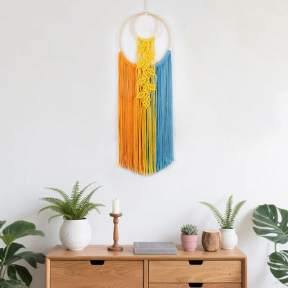 LB Boho Macrame Wall Hanging - Green and Beige Handmade Cotton Woven Decor, Modern Geometric Bohemian Tapestry Wall Decor for Bedroom Living Room Home (31.5"x9.84") Nature-Inspired Room Decor