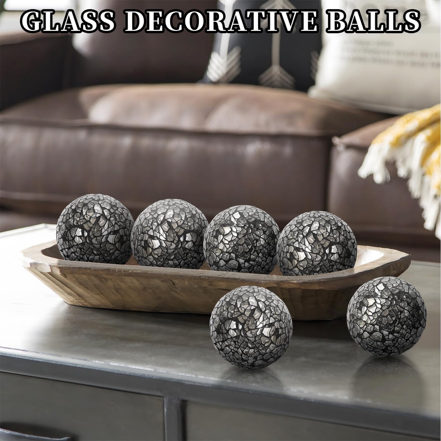 Kesywale 6PCS Decorative Balls Set 2.4 Inches/ 6cm Small Mosaic Spheres Glass Orbs Decorative Balls for Centerpiece Bowls Vases Fillers Dining Coffee Table Wedding Party Decor (Black)