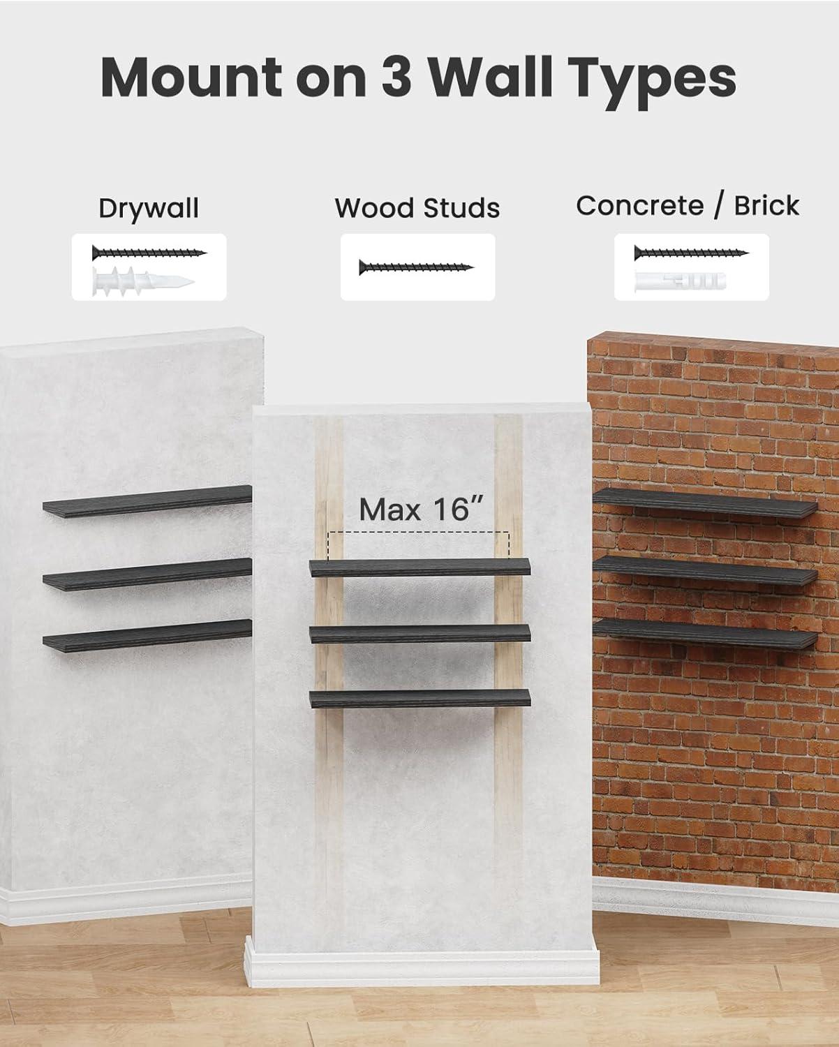 AMADA HOMEFURNISHING Floating Shelves, Wall Shelves for Bathroom/Living Room/Bedroom/Kitchen Decor, White Shelves with Invisible Brackets Set of 3 - AMFS08