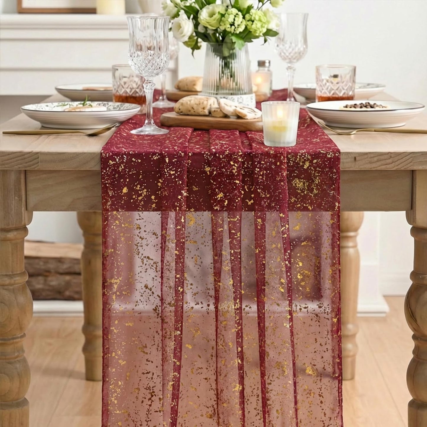 Artoid Mode Beige Gold Gauze Table Runner 120 Inch 10FT, Glitter Metallic Foil Sheer Dining Wedding Anniversary Holiday Birthday Table Decor for Home Party