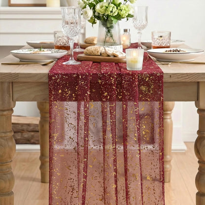 Artoid Mode Beige Gold Gauze Table Runner 120 Inch 10FT, Glitter Metallic Foil Sheer Dining Wedding Anniversary Holiday Birthday Table Decor for Home Party