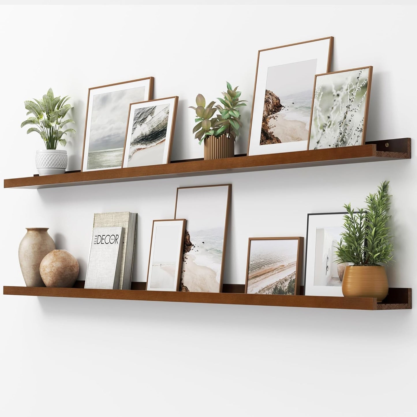 FLYJOE Picture Ledge Shelf, Floating Shelves Set of 2, Solid Pine Wood 55'' Long Large Nursery Book Shelves for Toys Storage, Kids Bookshelf for Living Room Bedroom Decor Books Photo Frames, Walnut