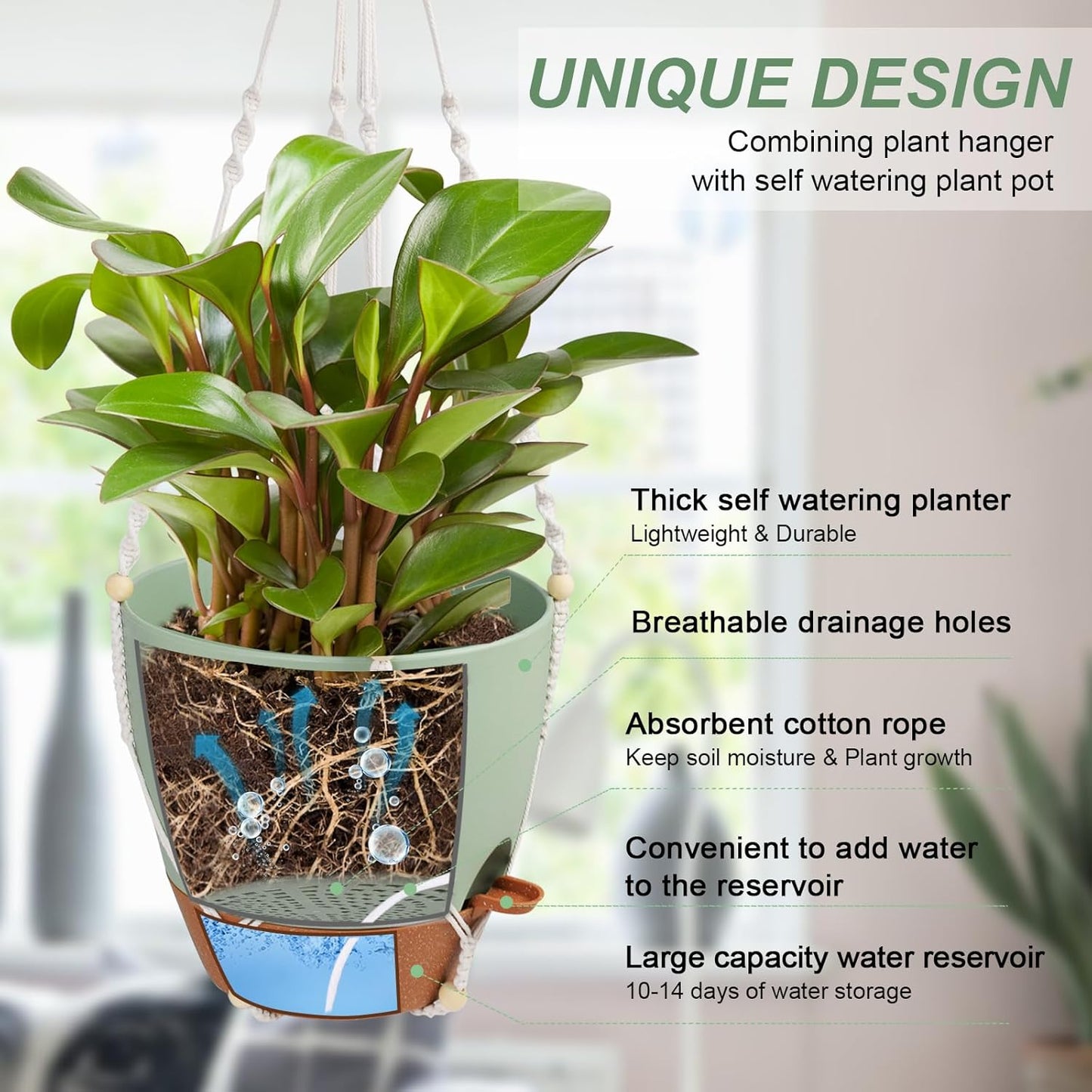 Vanslogreen Hanging Planters for Indoor Outdoor Plants, 2 Pack Self Watering Hanging Pot with Drainage Holes & Removable Tray (Black, 8'')