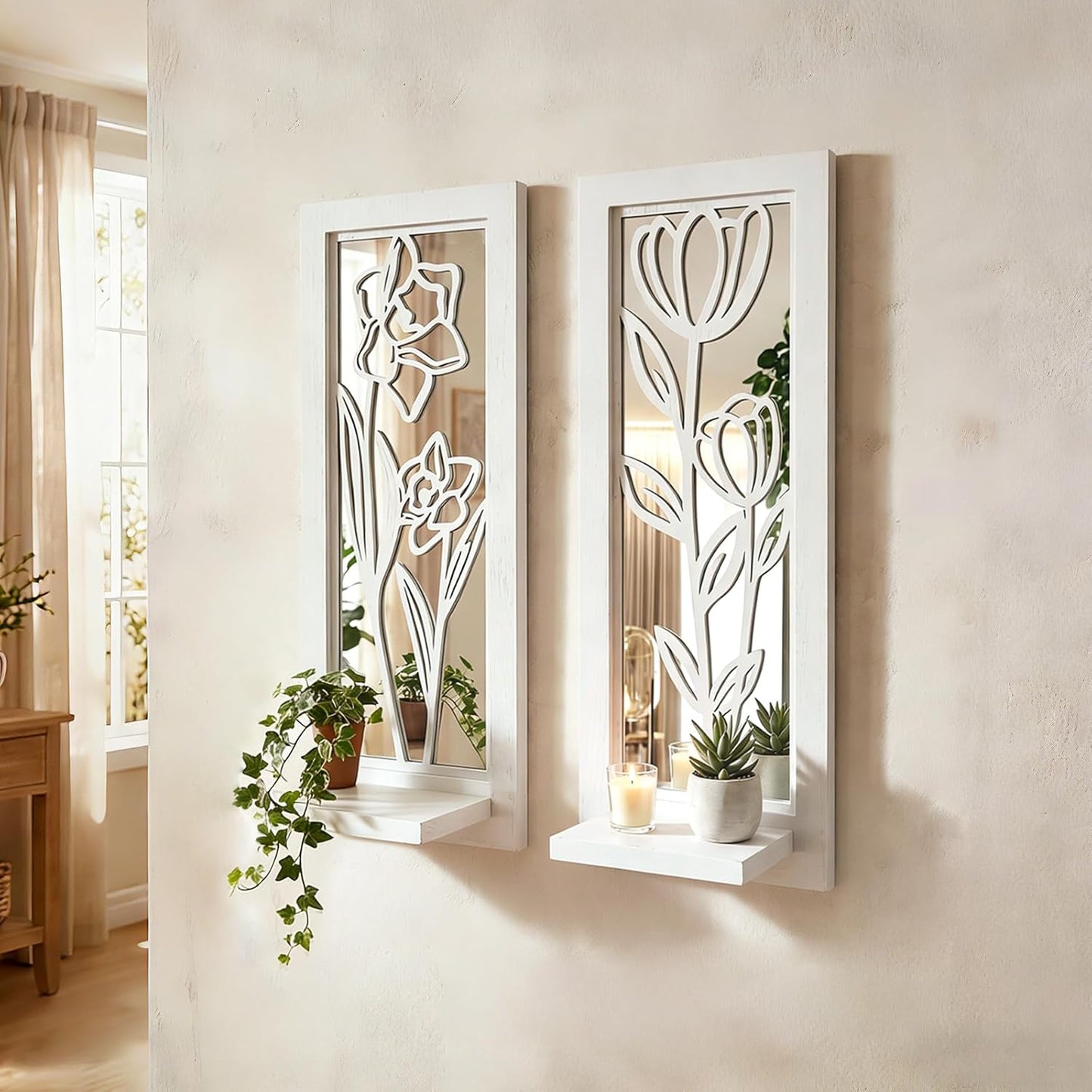 Wood Wall Sconce Candle Holder Set 2, Rustic Wall-Mount Candle Holders, Farmhouse Hanging Wall Décor, Carved Wood Frame, Mirrored Candle Holder (Distressed White)