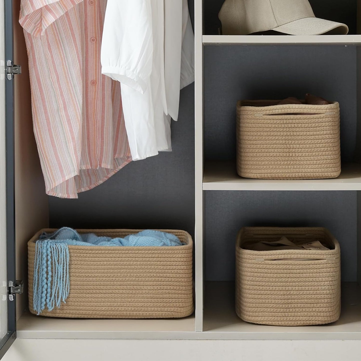 3-Pack Small Storage Baskets for Organizing | Woven Shelf Toy Basket | Rope Baskets for Gifts Empty | Closet Organizer Bins with Handles | Cube Decorative Box | 11.8×7.8×5.1” | Mixed brown