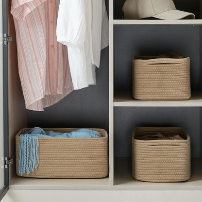 3-Pack Small Storage Baskets for Organizing | Woven Shelf Toy Basket | Rope Baskets for Gifts Empty | Closet Organizer Bins with Handles | Cube Decorative Box | 11.8×7.8×5.1” | Mixed brown